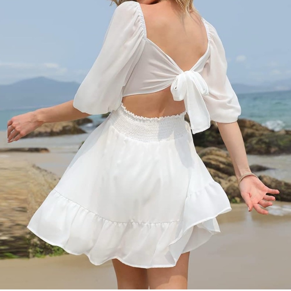 Beachside dainty White coastal tie back Dress flirty whimsical coastal cowgirl - Picture 2 of 4